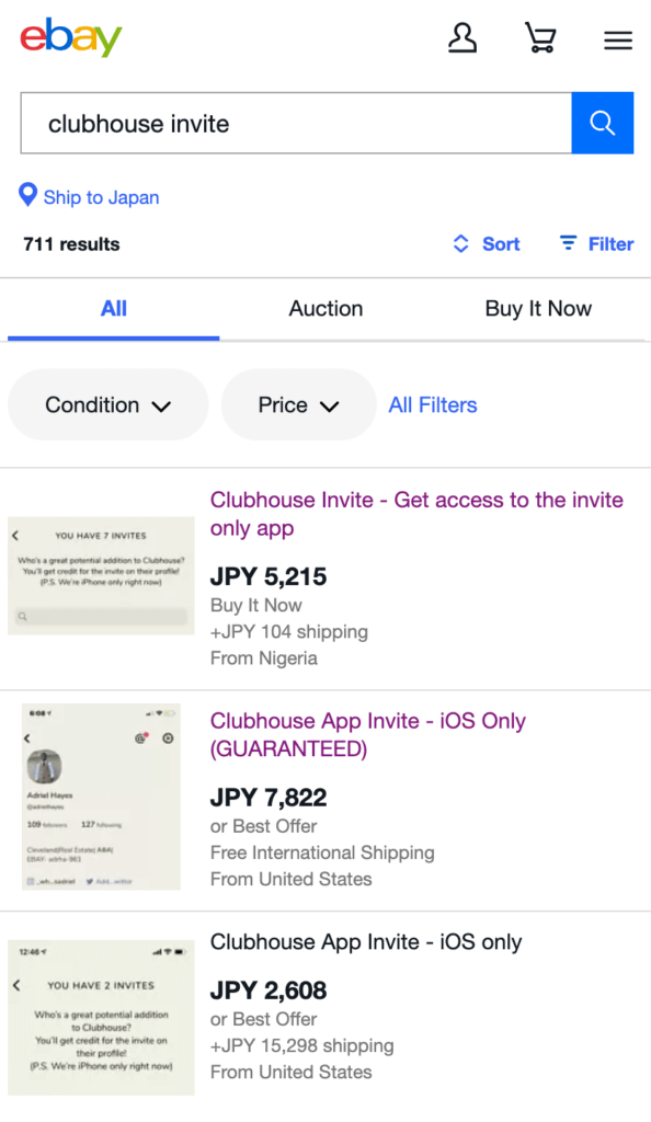 ebayのclubhouseの検索結果