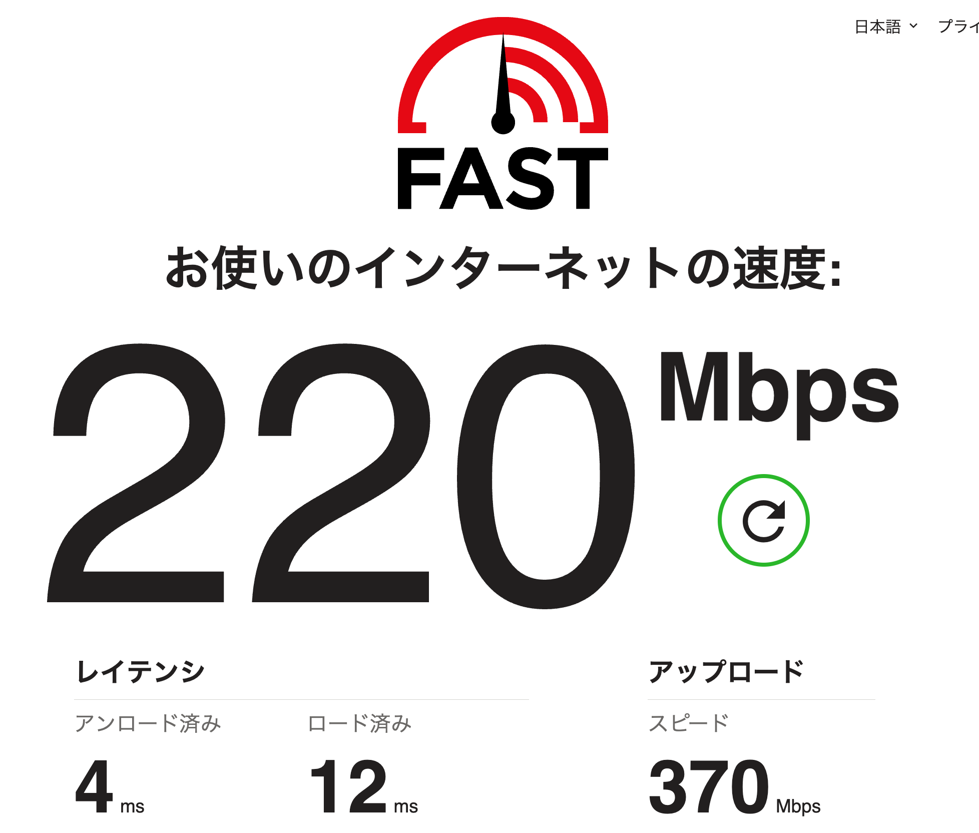 おてがる光 FAST.com 速度測定 下り220Mbps 上り370Mbps Ping 4ms